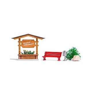 1144 Busch H0 Ortseingangsschild aus Holz Fertigmodell