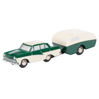 01414 Schuco Piccolo 1:90 Ford 17m mit Wohnwagen grün-beige
