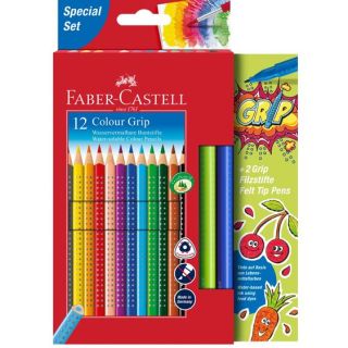 201640 Faber Castell Buntstift Colour Grip 12 Buntstifte + 2 Grip Filzstifte Wasservermalbar