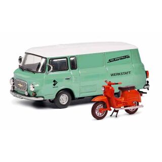 450365400 Schuco 1:43 Barkas B1000 Bus Schwalbe Werkstatt mit Schwalbe