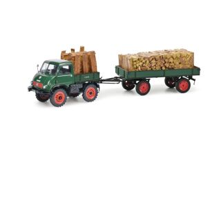 450313300 Schuco 1:43 MB Mercedes Benz Unimog 401 + Anhänger mit Holzladung